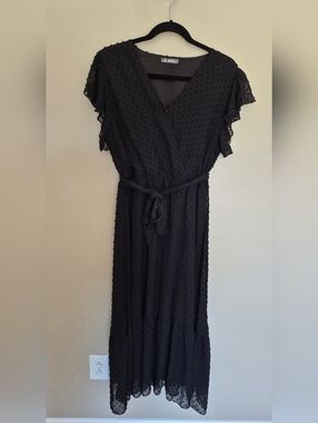 Black Swiss Dot Ruffle Sleeve Midi Dress